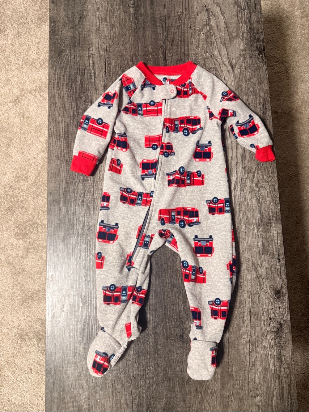 Carter's Grey Footed One-Piece with Red Firetruck Print
